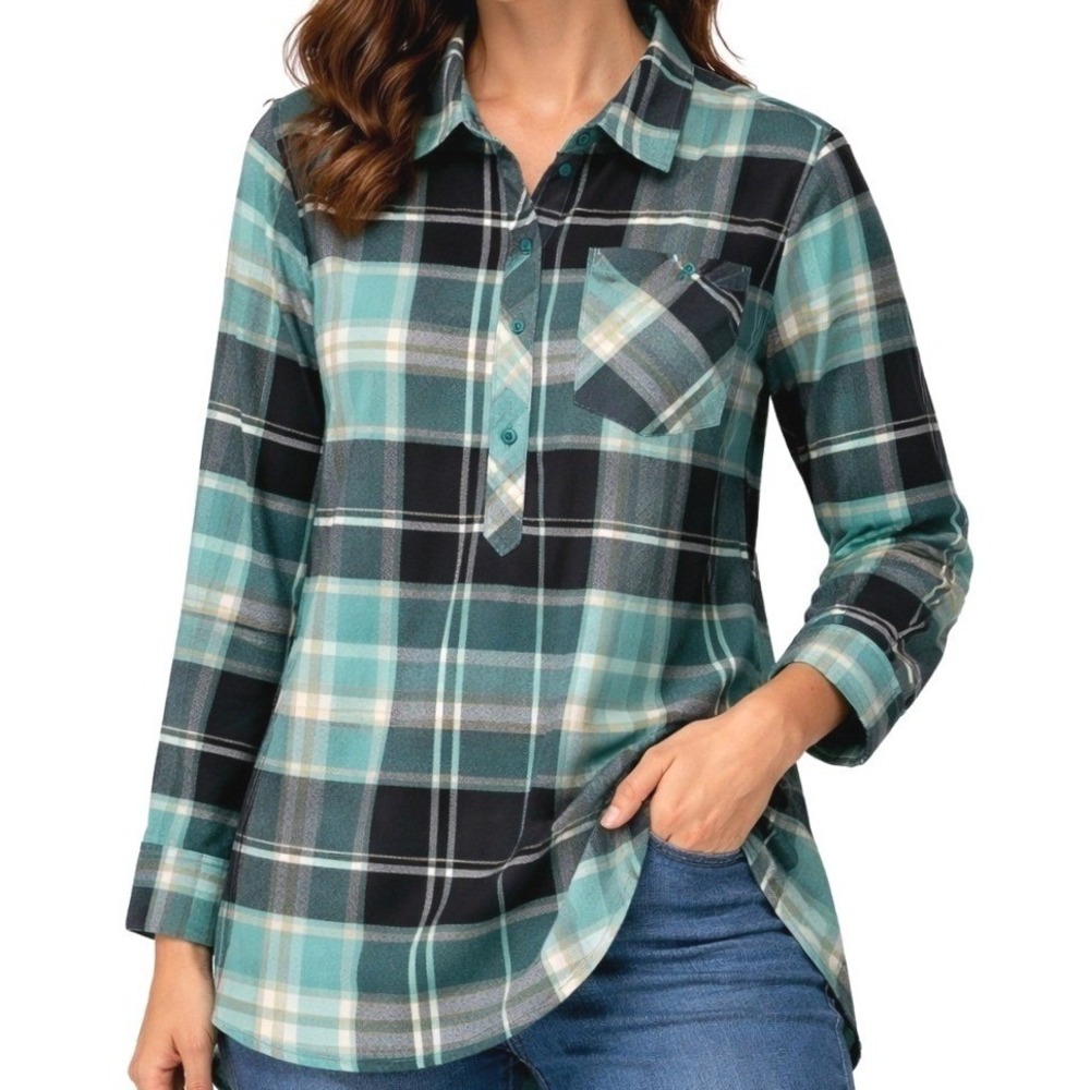 Patagonia Featherstone Tunic Shirt Women XS Teal Black Plaid Organic Cotton Hike